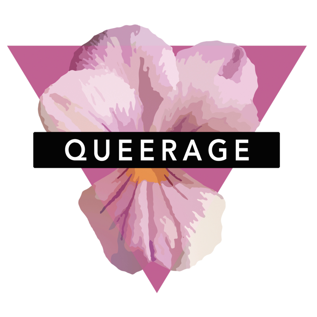 An inverted pink triangle with an illustration of a pink pansy on top of it. A horizontal black stripe is on top of the pansy, and it has white text inside it that reads, “QUEERAGE”.