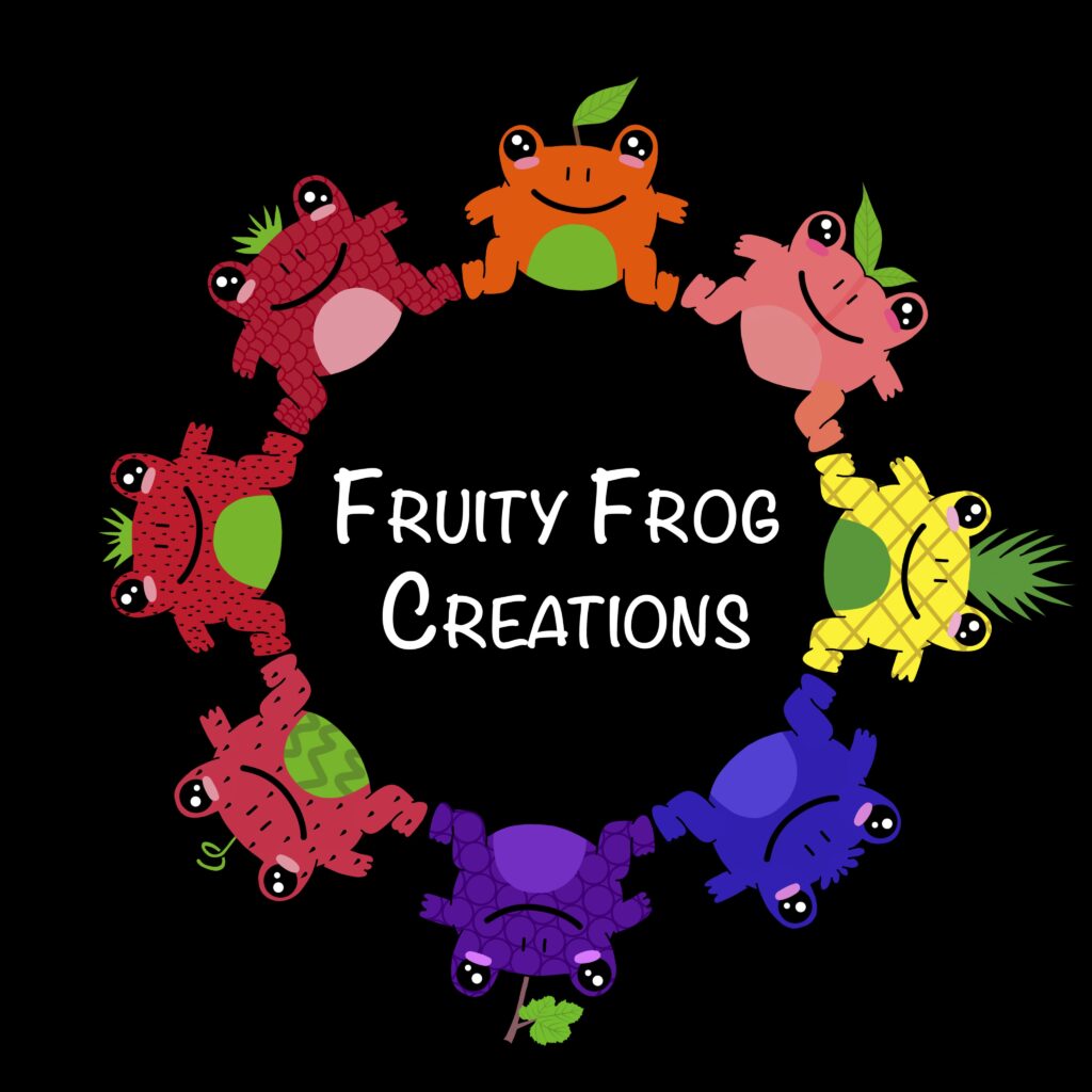 A rainbow circle of fruit themed frogs surrounds the words Fruity Frog Creations on a black background.