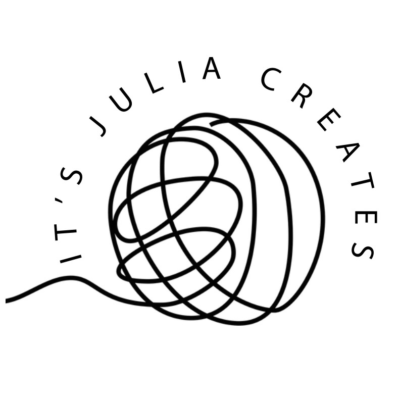 A black and white line drawing of a ball of yarn and my business name "It's Julia Creates".