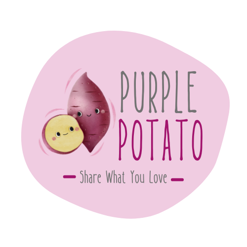 A pink circular logo with a large and small purple potato smiling at each other. “Purple Potato Books” is written in large purple writing and “share what you love” is written in smaller gray writing. All images are surrounded by a pink circle.