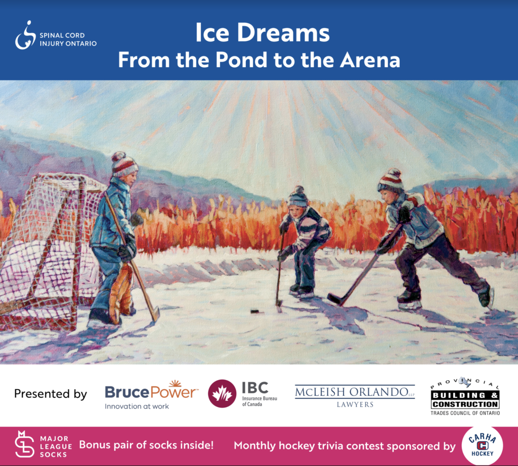 The cover of the Spinal Cord Injury Ontario Fundraising Calendar showing children playing pond hockey.