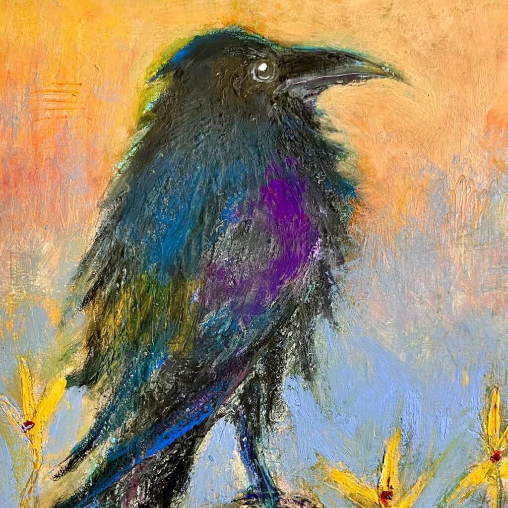 One of a pair of raven paintings, a 6 x 6 mixed media painting on bristol. Huginn (thought) is a raven whose name comes from Norse mythology, meaning “thought.” This raven goes with another image called Munin (old Norse for “memory). How much time do you spend looking forward or reliving the past? Thought and Memory might help you stay in the moment, which is all we have. Beyond this tidbit of self-help wisdom, I love ravens, their sounds, curiosity, intelligence and the majestic places they live.