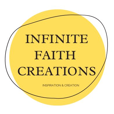 The InfiniteFaithArt logo has a yellow circle as its background. On top of the circle are the words “InfiniteFaithCreations” in capital letters, with the words “Inspiration & Creation” in smaller capital letters underneath. The text is surrounded by an thin uneven black circle.