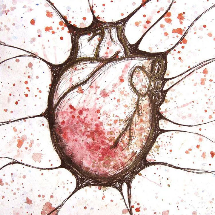 An abstracted heart drawn with ink, metallic marker, and splatters of red and pink acrylic.